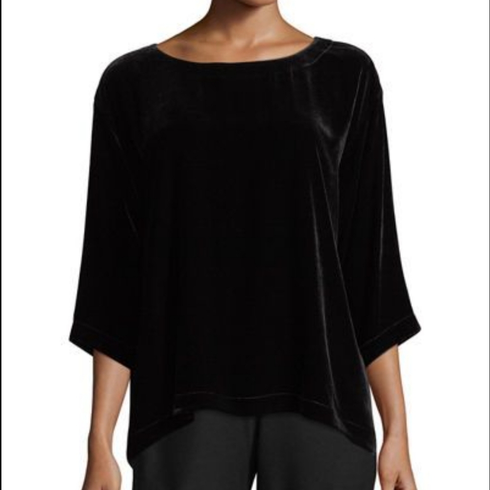 Eileen Fisher Black Velvet Boatneck Boxy Top L